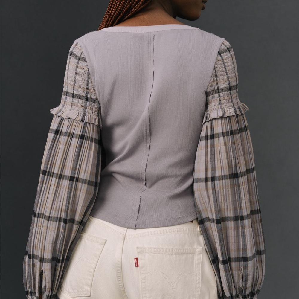 The Andie Ribbed Henley Top by Pilcro.Balloon sleeves - Picture 3 of 7